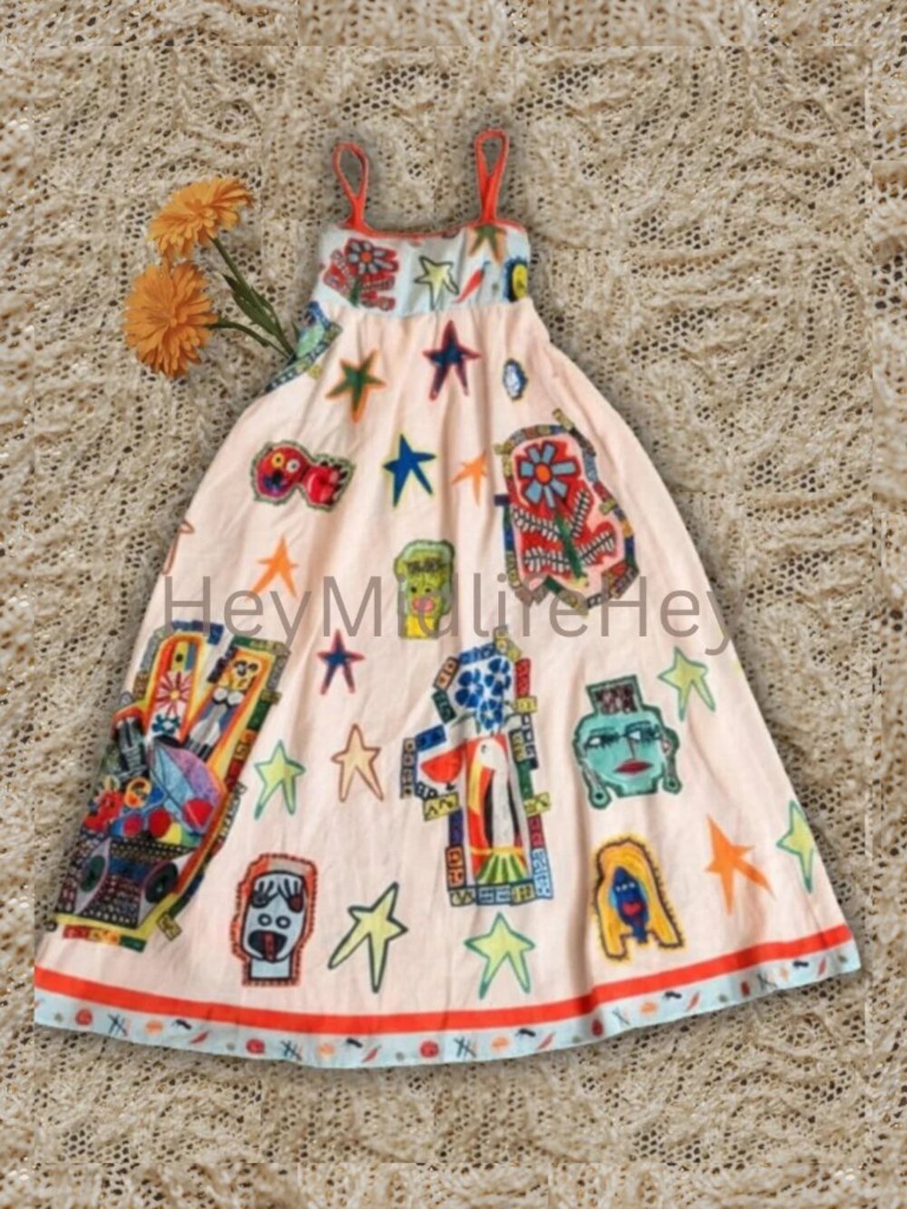 Size L Multi Color Graffiti Pop Art Print Linen Blend Maxi Sundress - unbranded